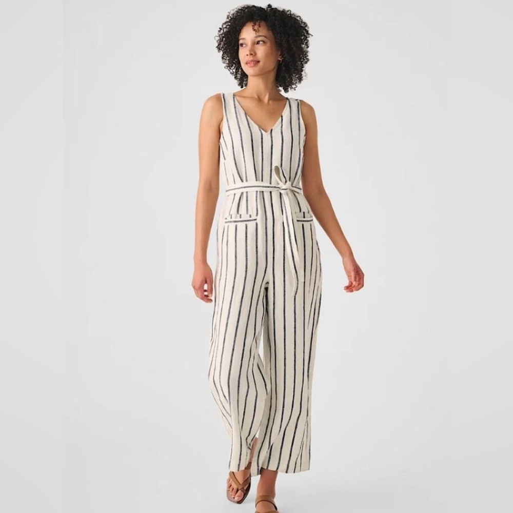 Faherty Catalina Linen Stripe Sleeveless Waist Tie Wide Leg Jumpsuit Romper - XS